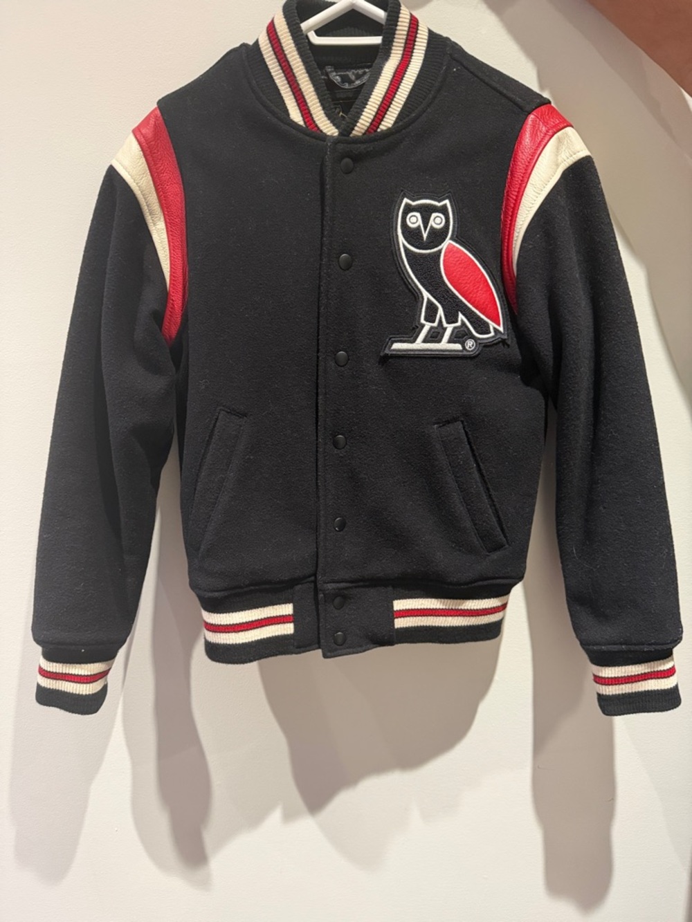 OVO Black Wool Varsity Jacket with Red & Cream Accents